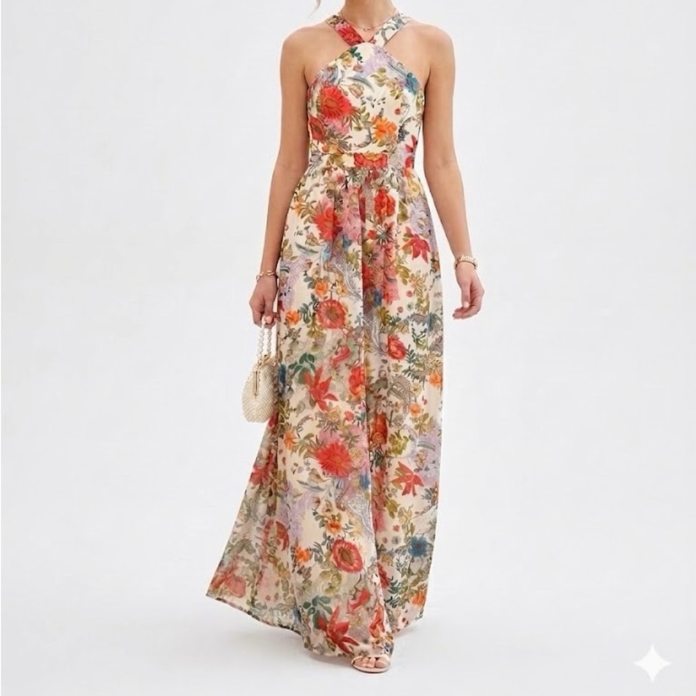 Lulu's Floral Halter Maxi Dress in Cream with Red & Green Accents
